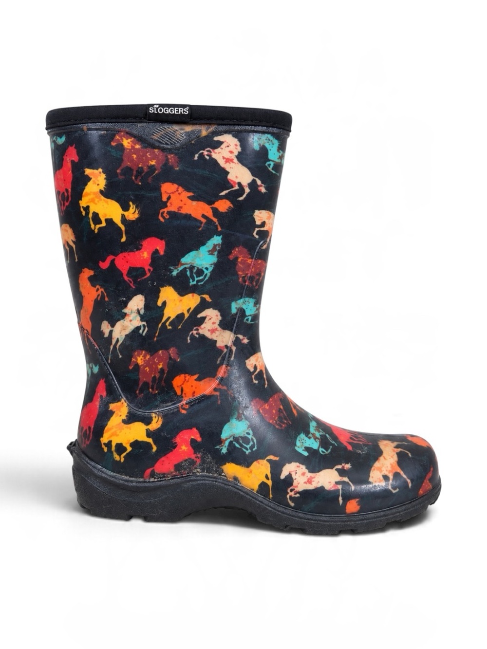 Sloggers Waterproof Rain Boots Rubber Colorful Horse Print Black Red Yellow 8
